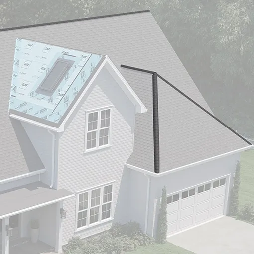 View of ridge cap shingles, the final layer of a roof to help protect hips and ridges.