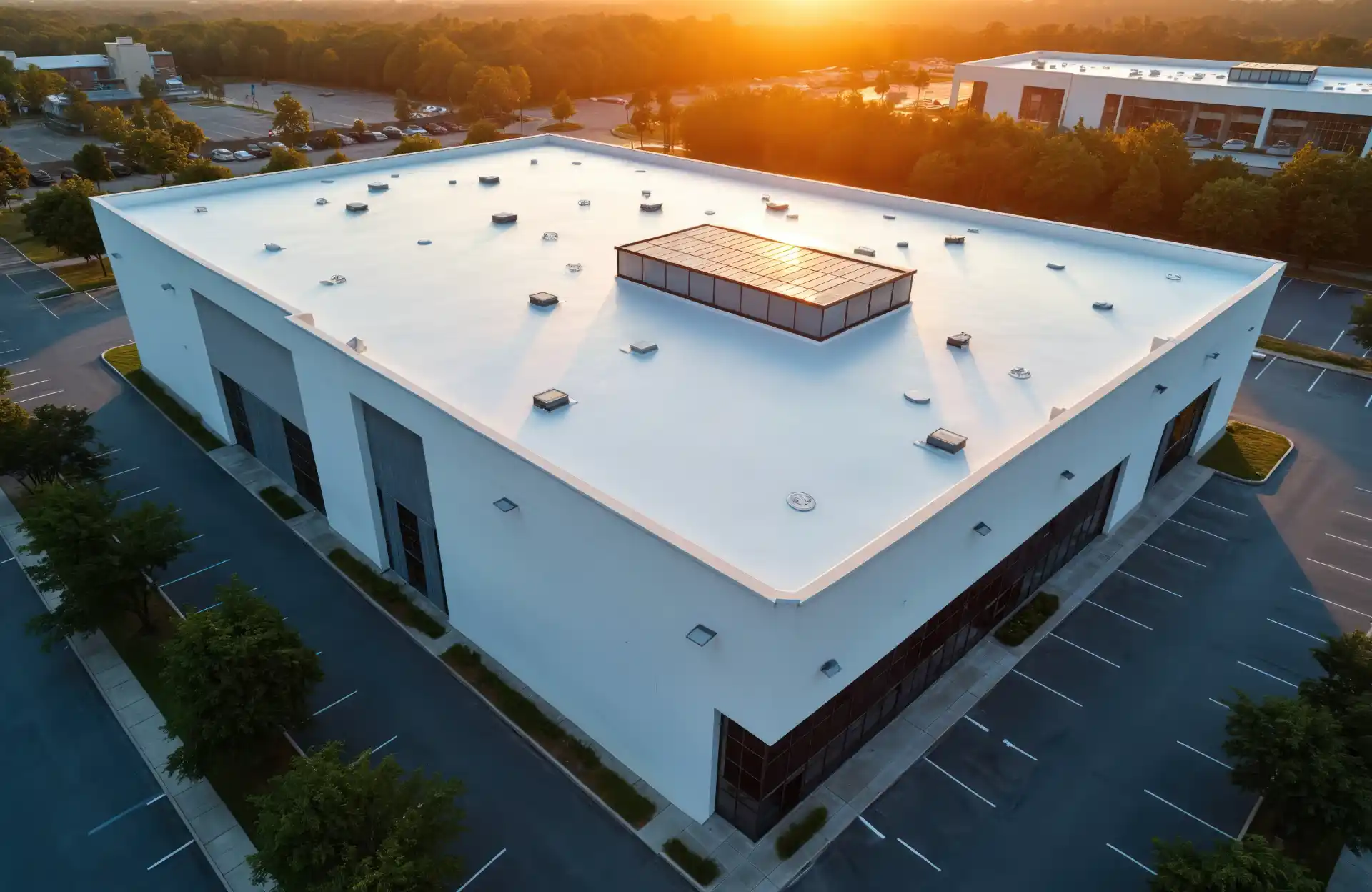 Commercial building with white roof and parking lot at sunset