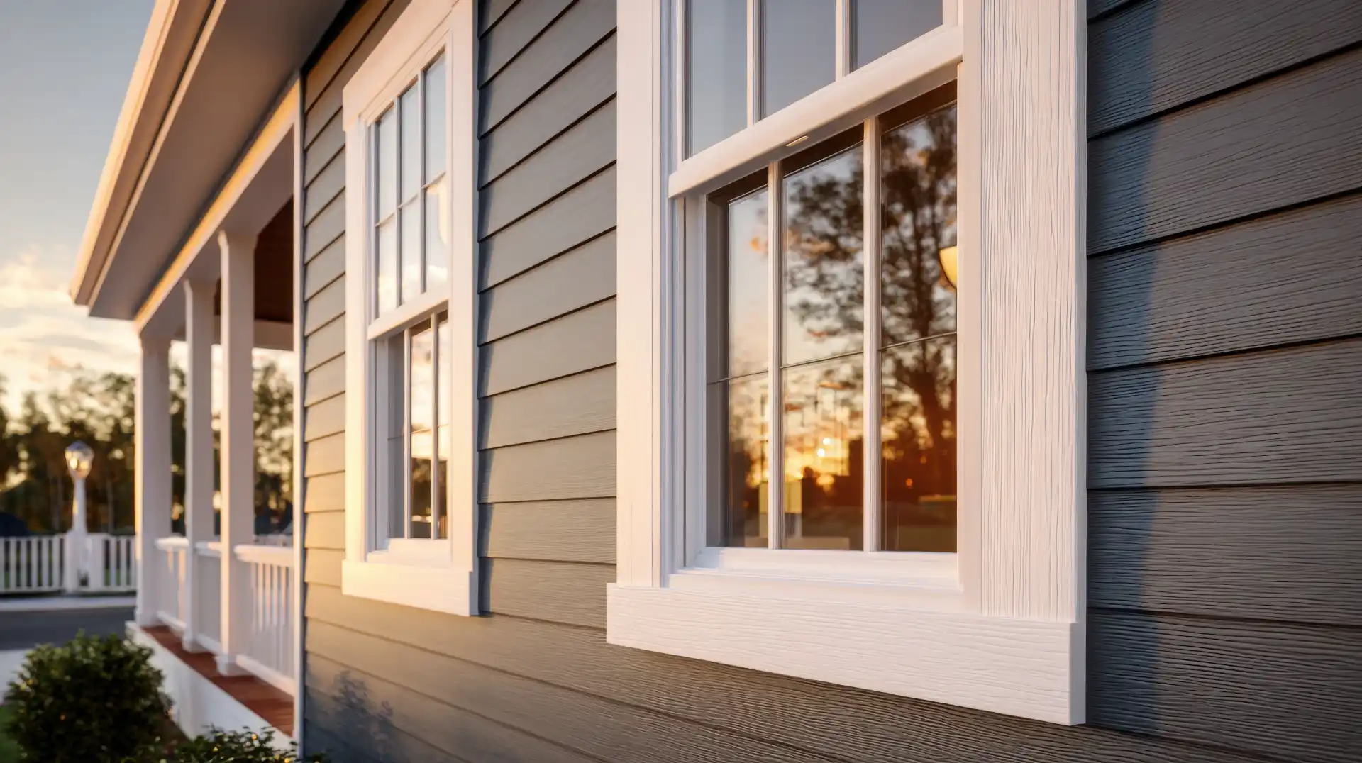 A house with gray siding and white trim, featuring large windows at sunset