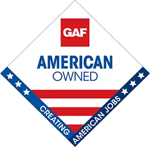 The image is a logo for GAF American Owned, a roofing and exterior services company in Bolivia, NC