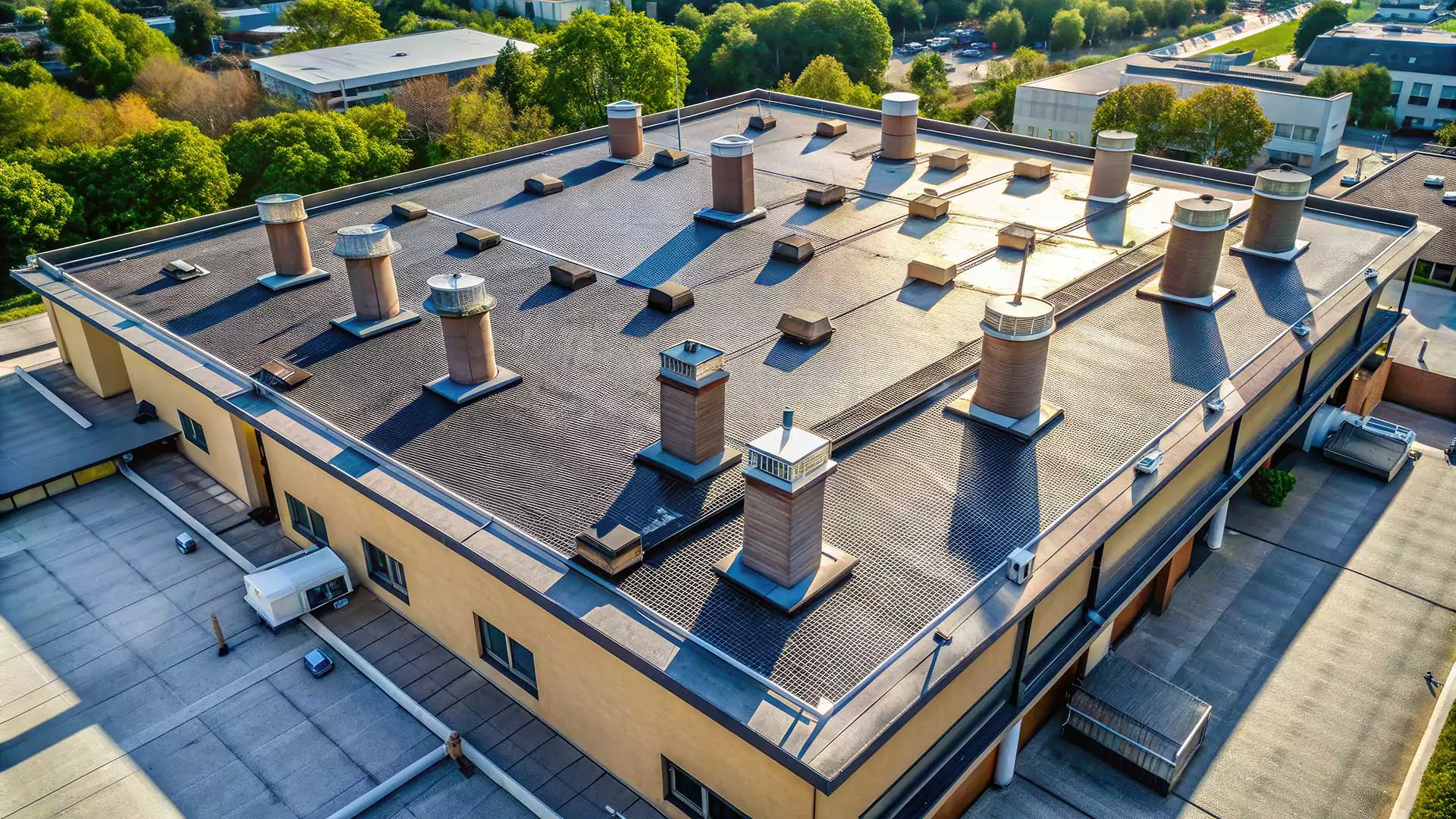A commercial building with a flat roof and multiple chimney vents