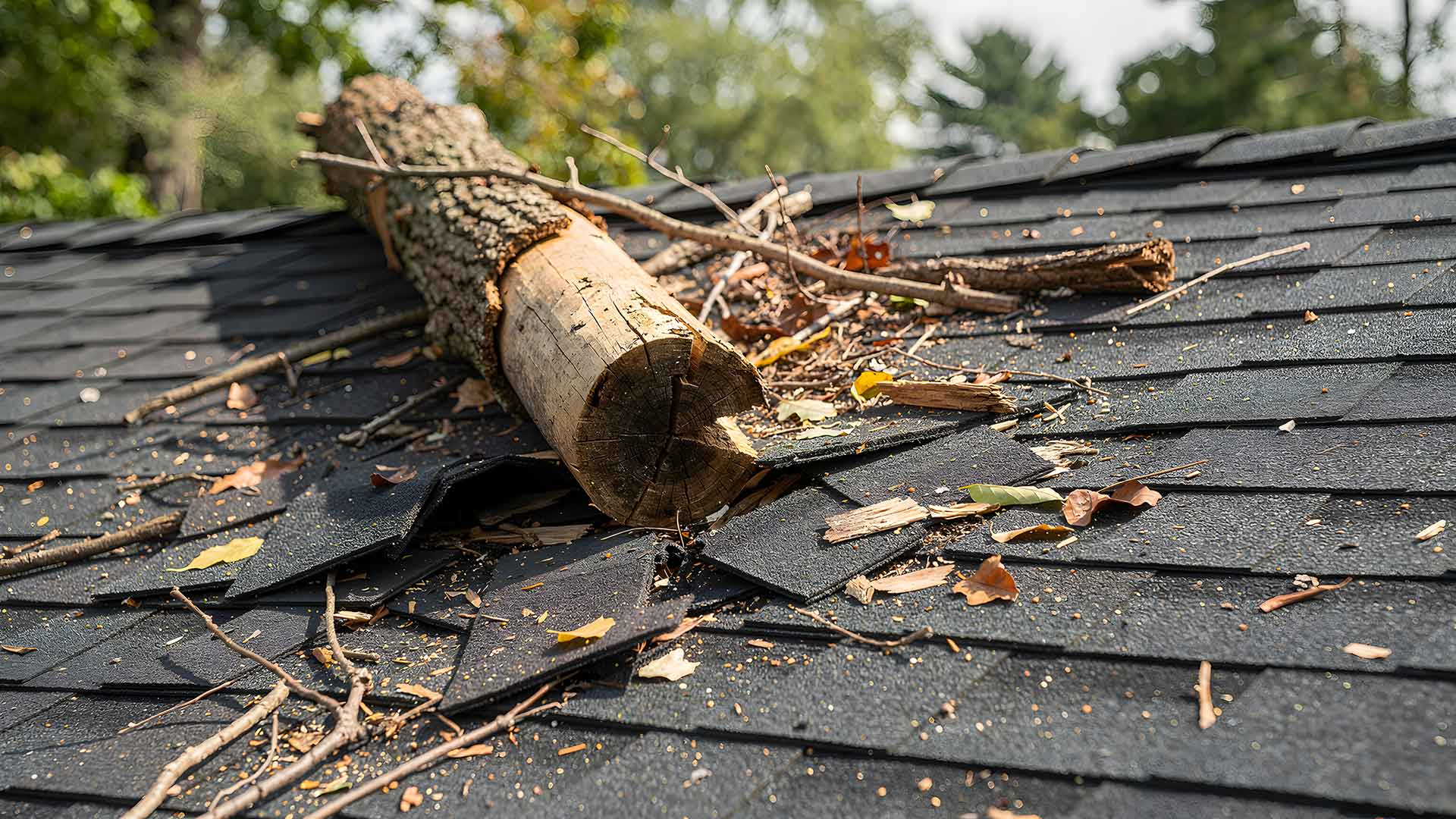 A tree has fallen onto a roof, causing damage
